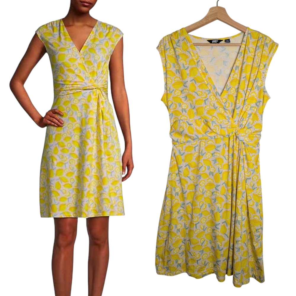 Lands' End Surplice Lemon Check Dress Size Medium Bright Sun Yellow